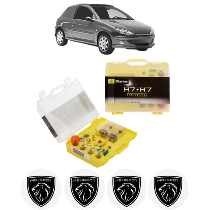 Kit trusa Set becuri H7 compatibila cu PEUGEOT 206 Van din 2001-2009, bec far, semnalizare, pozitie, iluminare numar, frana, plafoniera, stop frana