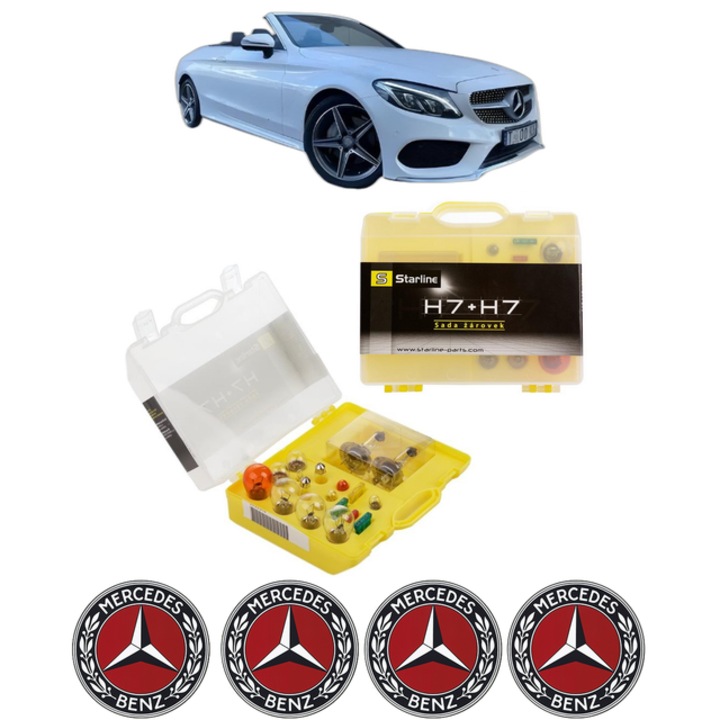 Kit trusa Set becuri H7 compatibila cu MERCEDES-BENZ C-CLASS Convertible (A205) din 2016-2023, bec far, semnalizare, pozitie, iluminare numar, frana, plafoniera, stop frana