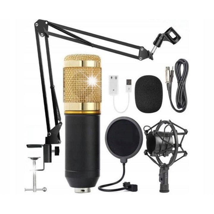 BM800 mikrofon szett állvánnyal, audio kiegészítők streaminghez és karaokehoz, fekete, 45mm