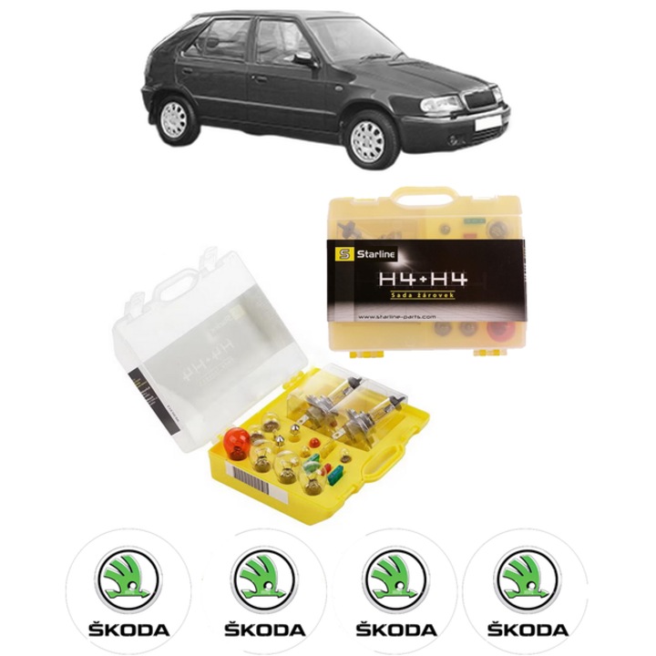 Kit trusa Set becuri H4 compatibila cu SKODA FELICIA II (6U1) din 1998-2001, bec far, semnalizare, pozitie, iluminare numar, frana, plafoniera, stop frana
