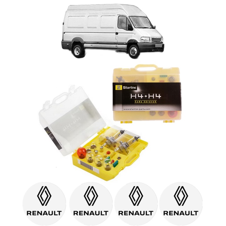 Kit trusa Set becuri H4 compatibila cu RENAULT TRUCKS MASCOTT Van din 1999-2010, bec far, semnalizare, pozitie, iluminare numar, frana, plafoniera, stop frana
