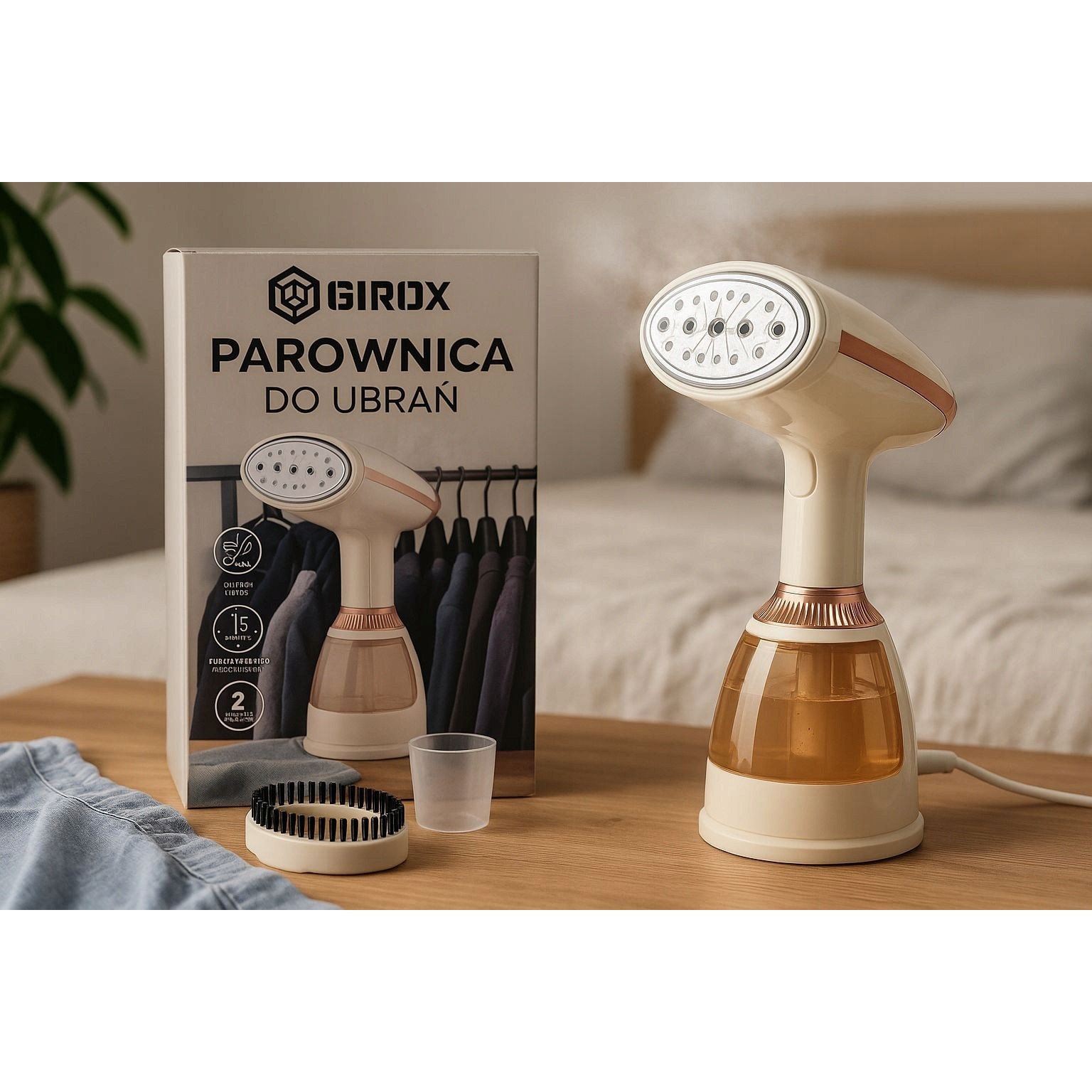 Parownica cu abur Girox, 1500W, 3 trepte de reglare, 28g/min, bej/aurie, 11x16x28cm, set cu perie de curatare