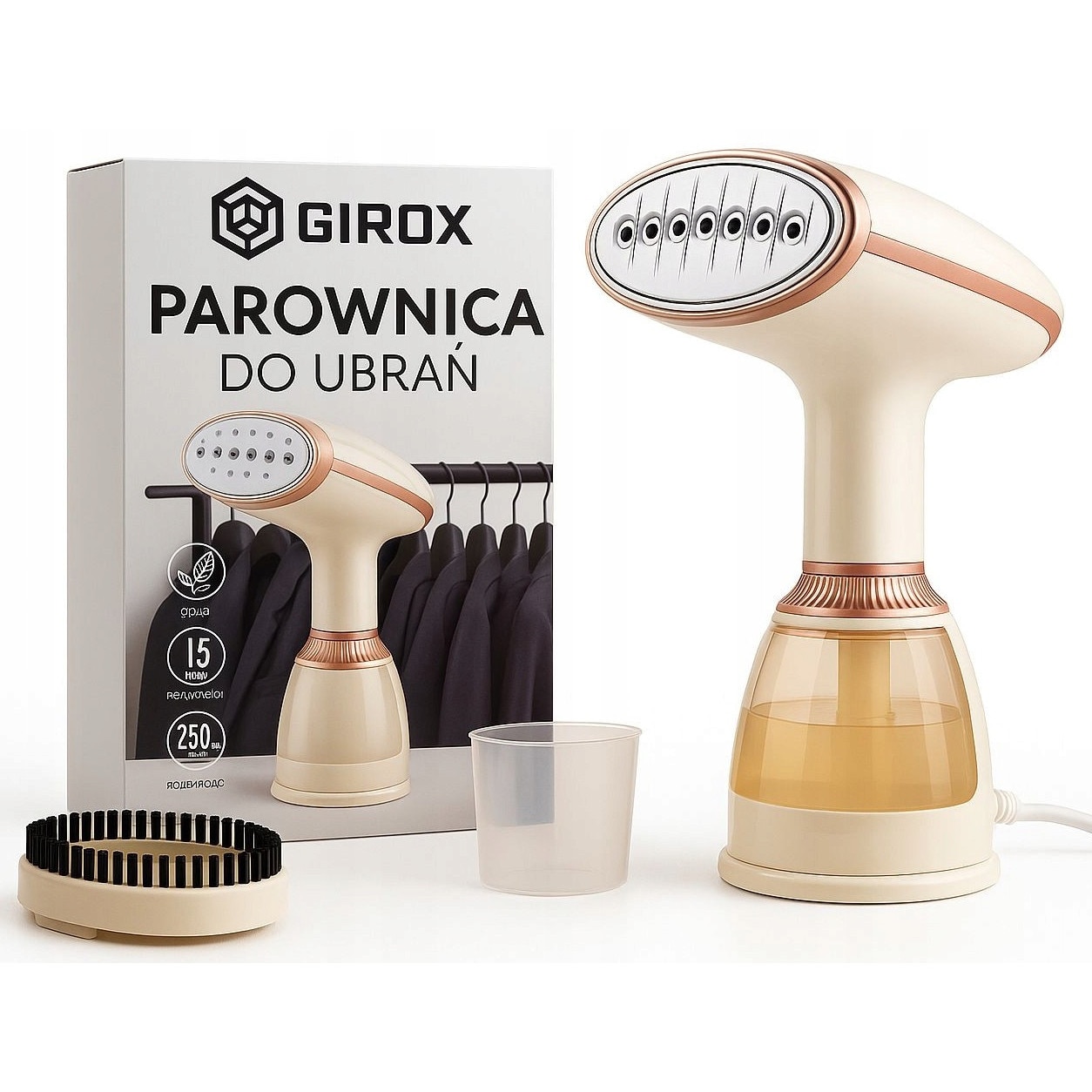 Parownica cu abur Girox, 1500W, 3 trepte de reglare, 28g/min, bej/aurie, 11x16x28cm, set cu perie de curatare