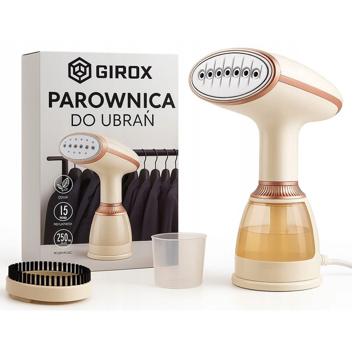 Parownica cu abur Girox, 1500W, 3 trepte de reglare, 28g/min, bej/aurie, 11x16x28cm, set cu perie de curatare