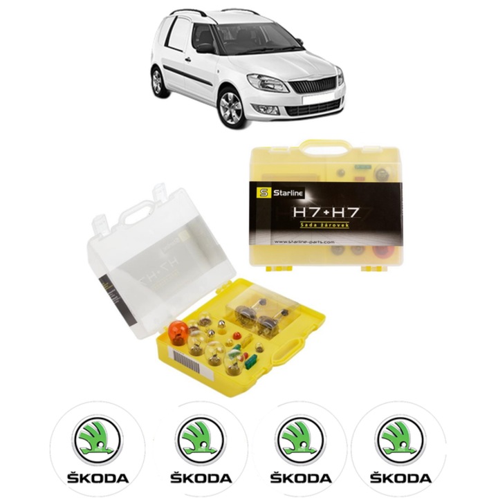 Kit trusa Set becuri H7 compatibila cu SKODA FABIA I Praktik (6Y5) din 2000-2007, bec far, semnalizare, pozitie, iluminare numar, frana, plafoniera, stop frana