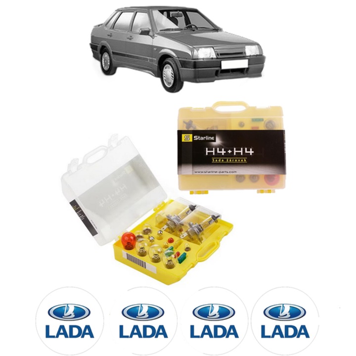 Kit trusa Set becuri H4 compatibila cu LADA SAMARA Saloon (21099, 2115) din 1989-2006, bec far, semnalizare, pozitie, iluminare numar, frana, plafoniera, stop frana