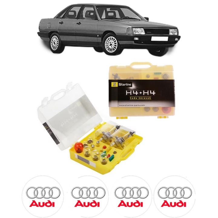 Kit trusa Set becuri H4 compatibila cu AUDI 100 C3 Saloon (443, 444) din 1982-1991, bec far, semnalizare, pozitie, iluminare numar, frana, plafoniera, stop frana