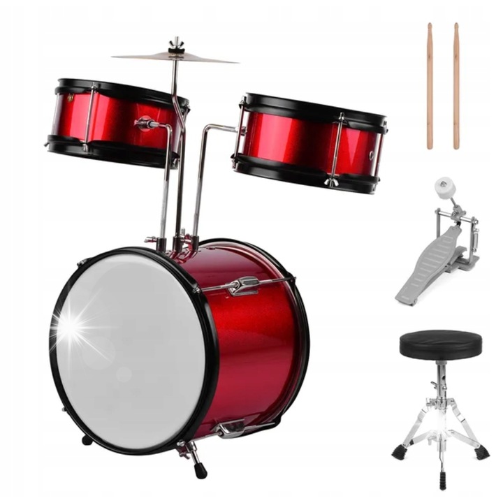 Kera ZPD-3 gyerek dobszett, 1x nagydob (13"), 2x tam (8"), 1x Crash cintányér (8"), piros, méretek 46x29,5x36cm