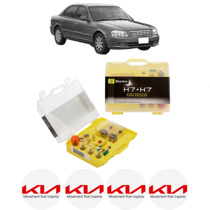 Kit trusa Set becuri H7 compatibila cu KIA MAGENTIS I (GD, MS) din 2001-2005, bec far, semnalizare, pozitie, iluminare numar, frana, plafoniera, stop frana