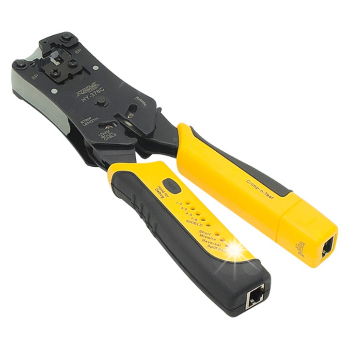 Kábelkrimpelő tesztelővel, Lamex, RJ45/RJ11, 8p8c/6p6c, guillotine-nal, ergonomikus