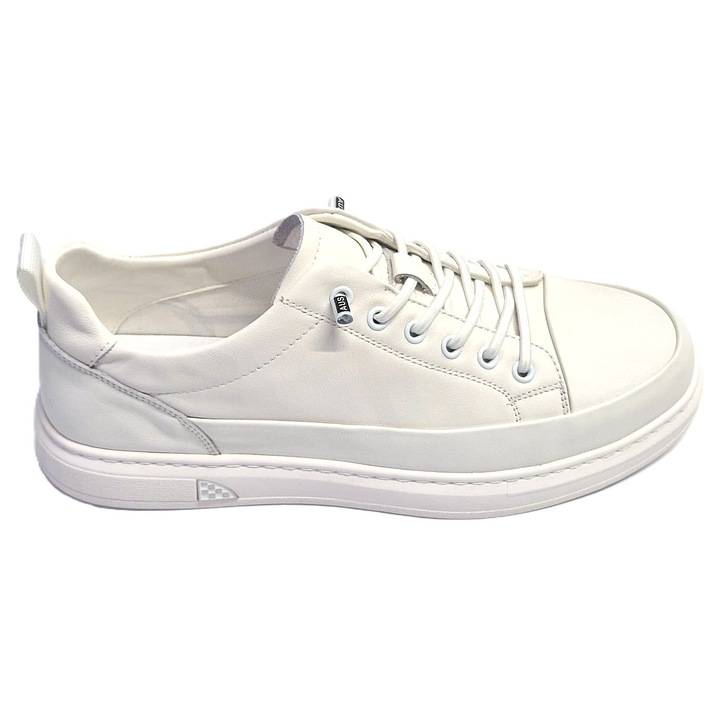 Pantofi barbati din piele naturala, albi, cu siret, Alb