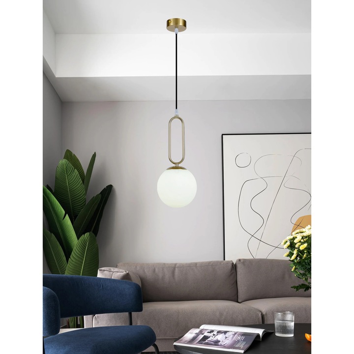 Pendul RFAN F77-1 cu Abajur, 1 x E27, Auriu, Inaltime Reglabila 40-100 cm, Diametru 20 cm