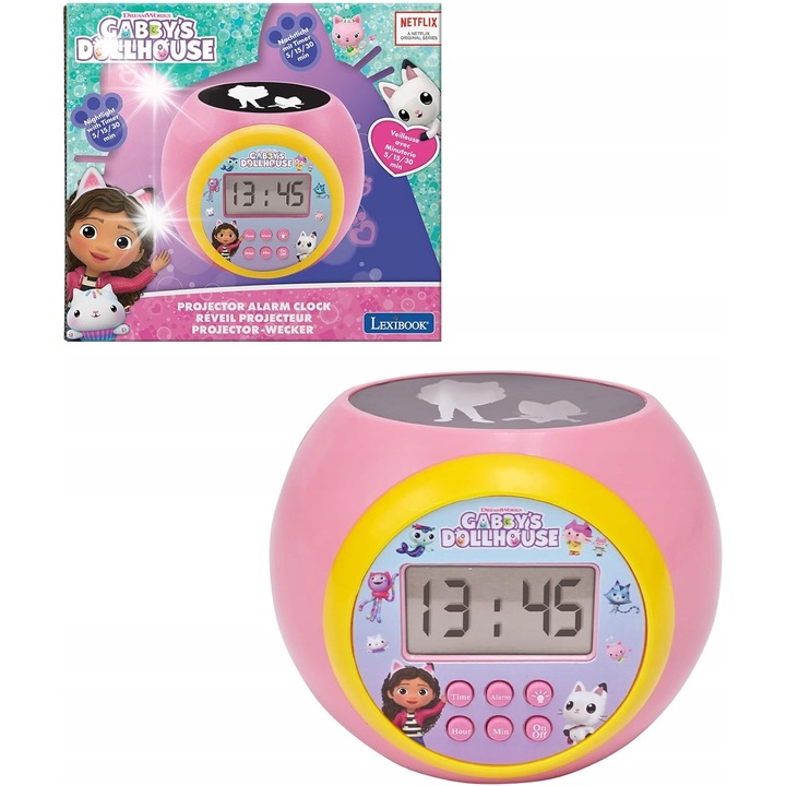 Gabby babaháza dekoratív óra, Lexibook, vetítés, rózsaszín