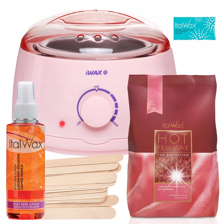 ItalWax szőrtelenítő készlet, 250g rózsaszín kemény viasz, 100ml szőrtelenítés utáni krém, 10 spatula, melegítő, rózsaszín