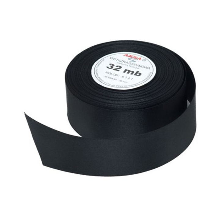 Panglica satinata decorativa, 38 mm, 32 m, Negru, Lucioasa