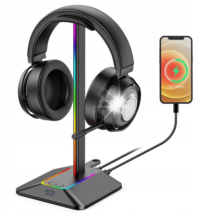 Mozos D12 gaming fejhallgató tartó, RGB LED, USB, fekete, 113.5x108x242mm