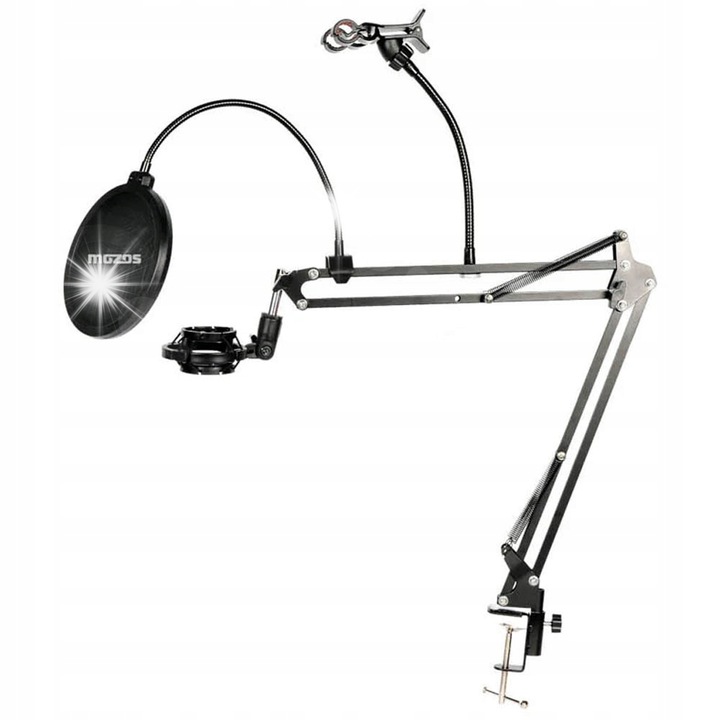 Set complet pentru microfon, Mozos, brat birou, pop filtru, suport pentru smartphone, negru, 95cm