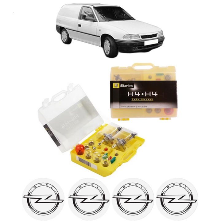 Kit trusa Set becuri H4 compatibila cu OPEL ASTRA F Estate Van (T92) din 1991-1999, bec far, semnalizare, pozitie, iluminare numar, frana, plafoniera, stop frana