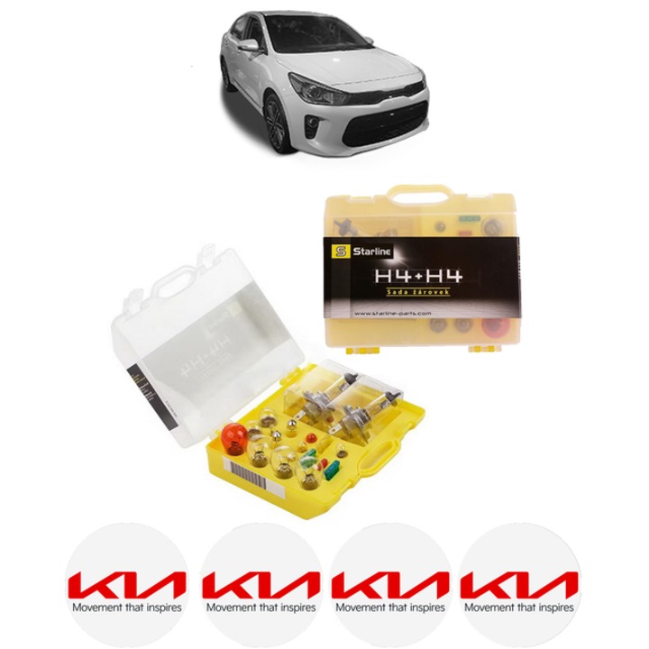 Kit trusa Set becuri H4 compatibila cu KIA RIO IV Saloon (SC, FB) din 2017, bec far, semnalizare, pozitie, iluminare numar, frana, plafoniera, stop frana