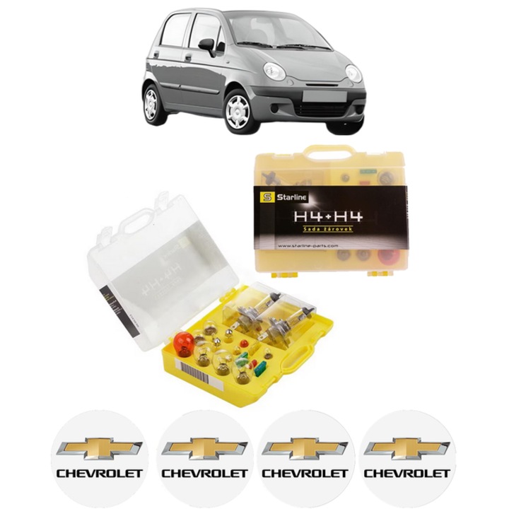 Kit trusa Set becuri H4 compatibila cu CHEVROLET MATIZ (M200, M250) din 2005-2013, bec far, semnalizare, pozitie, iluminare numar, frana, plafoniera, stop frana