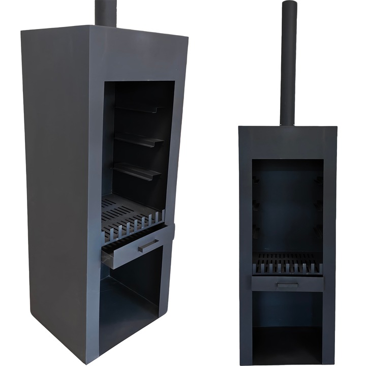 Semineu cu gratar, Soba de gradina, otel corten de 1.5 mm, spatiu pentru lemne, 60x50x150 cm, Negru, Atlas