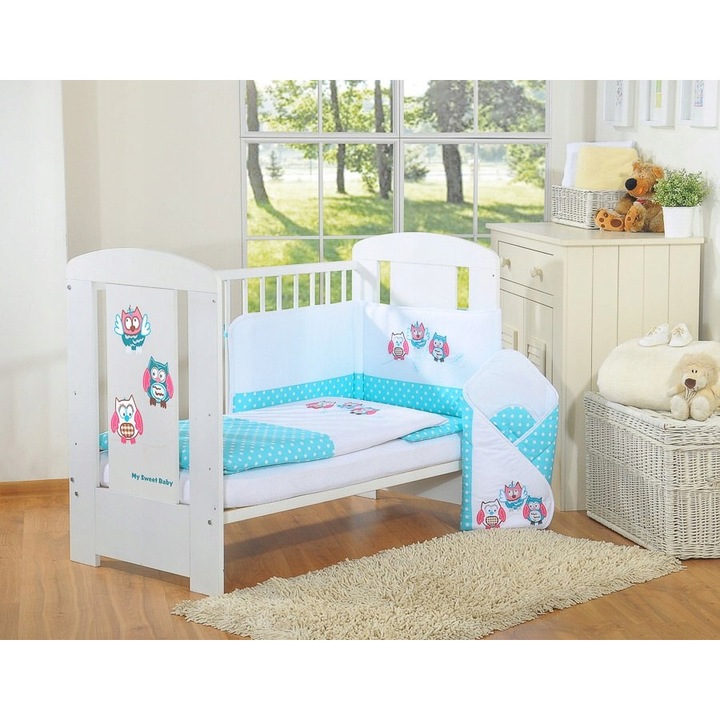 Set lenjerie pentru copii My Sweet Baby, 3 piese, 100x135cm, cu ochranita, broderie bufnite, turcoaz