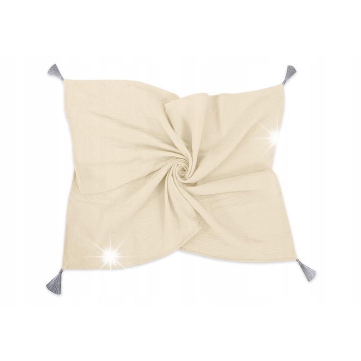 Одеяло за бебета, My Sweet Baby, муселин, 75x100см, със сиви пискюли, кремаво