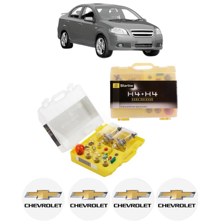 Kit trusa Set becuri H4 compatibila cu CHEVROLET AVEO / KALOS Saloon (T250, T255) din 2005-2013, bec far, semnalizare, pozitie, iluminare numar, frana, plafoniera, stop frana