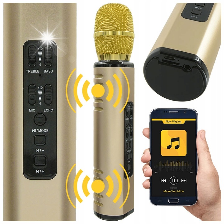 KM6 vezeték nélküli karaoke mikrofon, 2 hangszóró, Bluetooth, TF port, 245x49x49mm, többszínű, NN