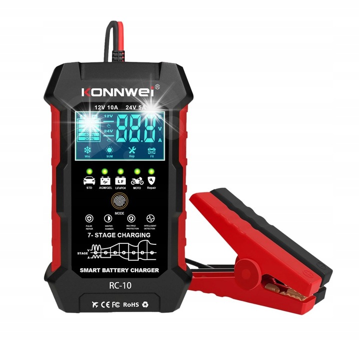 Konnwei RC-10 töltő, 12-24V, 5A/10A, AGM, EFB, LiFePO4 akkumulátorokhoz