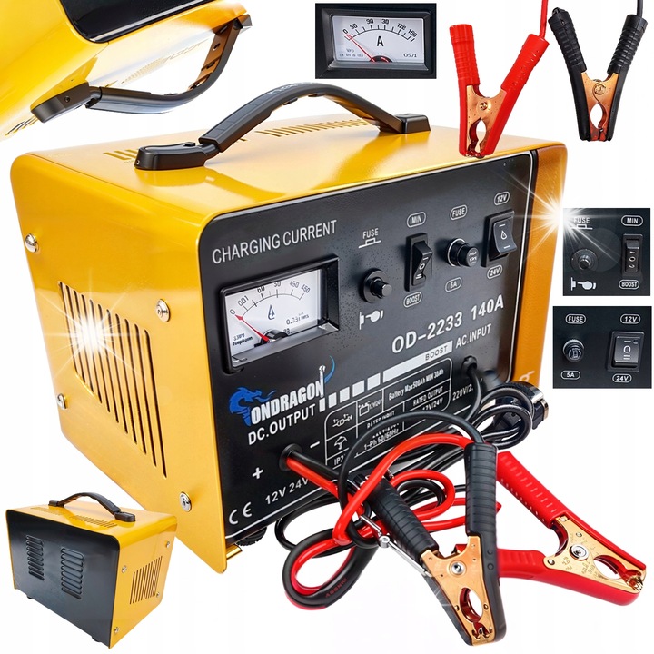 Ondragon 12/24V autóakkumulátor töltő indító funkcióval 140A, akkumulátor kapacitás 30-500Ah, fém