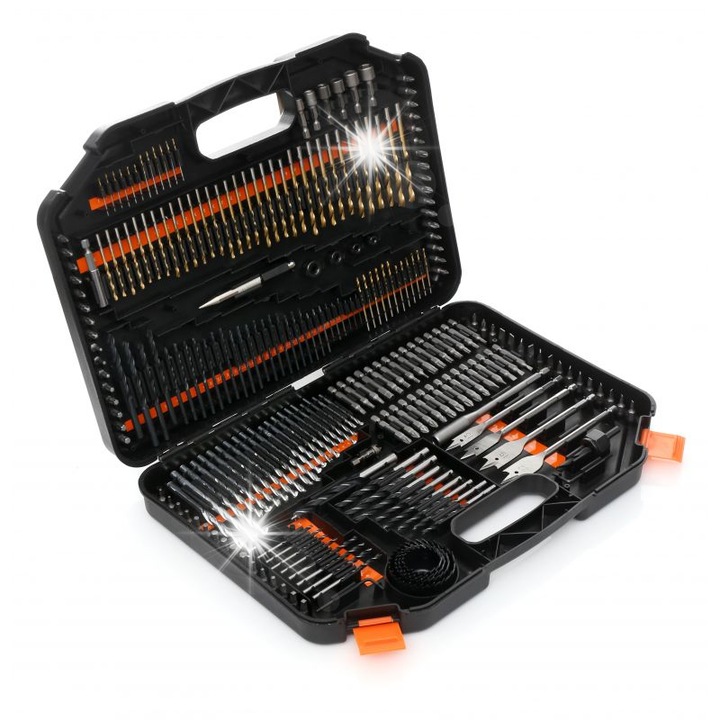 Set de accesorii pentru gaurit si insurubat, Kraft&Dele, 246 elemente, inclusiv burghie HSS si biti, cutie de transport.