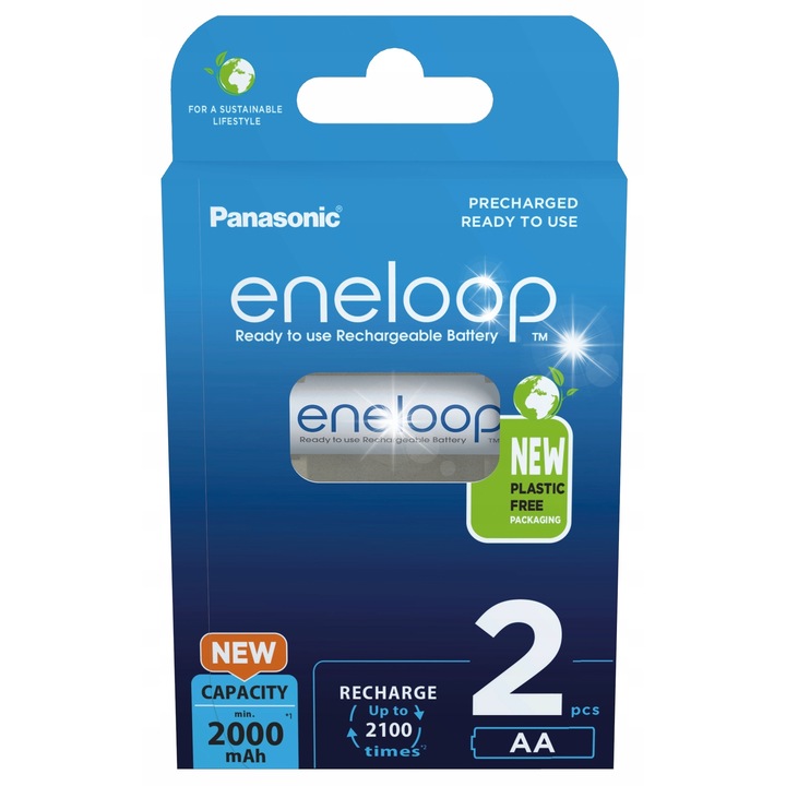Комплект от 2 акумулатора Panasonic Eneloop R6/AA 2000mAh Ni-MH, 14.5x50.5mm, екологични, Произведено в Япония