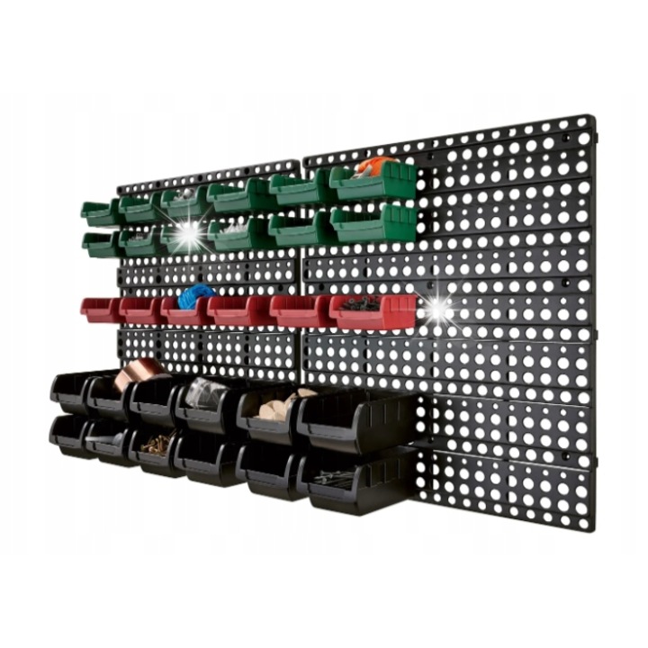 Rendezvényszervező és tárolókészlet, 32 darab, nagy fekete dobozok, kis zöld és piros dobozok, különböző méretek