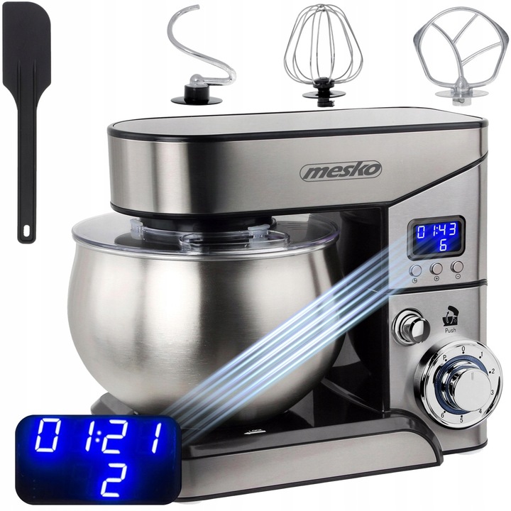 Mesko planetáris konyhai robotgép, 2000W, 5L, LCD kijelzővel, 3 tartozékos készlet, ezüst