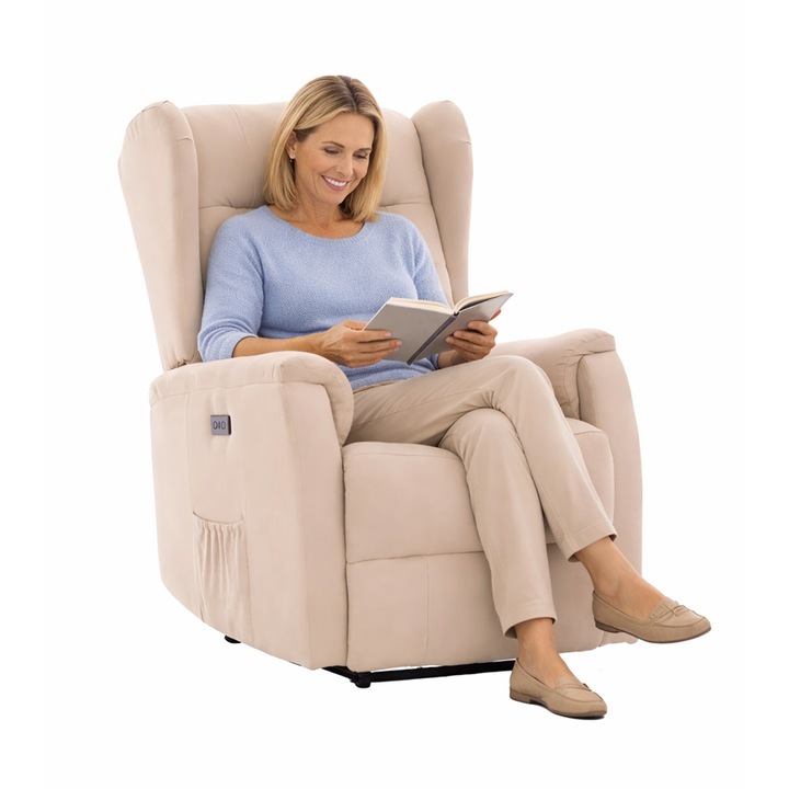 Масажен фотьойл FONIX Etheris Lux, 8 вибрационни масажни точки, Електрическо позициониране, USB порт за зареждане, Позиция за легнало положение 158 см, Максимално тегло 120 кг, Компактен дизайн, Кремав