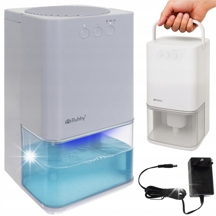 Dezumidificator compact RUHHY, 1400 ml, 380 ml/zi, alb, cu timer 8/12/16 h si iluminare LED