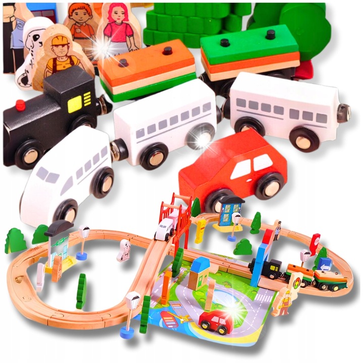 Комплект играчки влакчета, Minexo, дървен град, 92 елемента, многоцветен