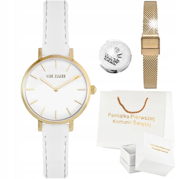 Детски часовник Paul Lorens, с бяла кожена каишка и златна стоманена гривна, японски механизъм, размери 26x31mm