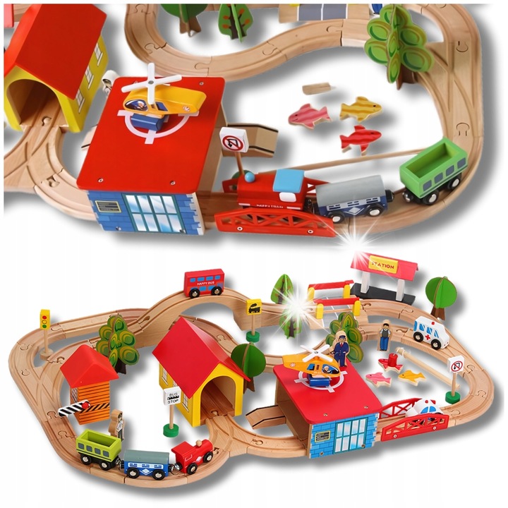 Комплект дървени влакчета за играчки, Minexo, 69 елемента, многоцветен, с град за игра