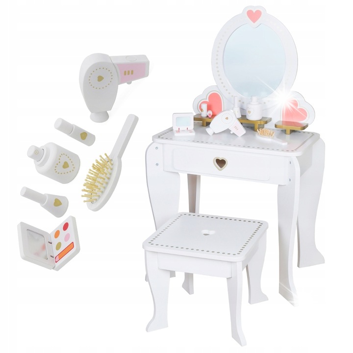 ДЪРВЕНА ТОАЛЕТКА ЗА МОМИЧЕТА С РЕГУЛИРУЕМА ВИСОЧИНА с огледало и стол