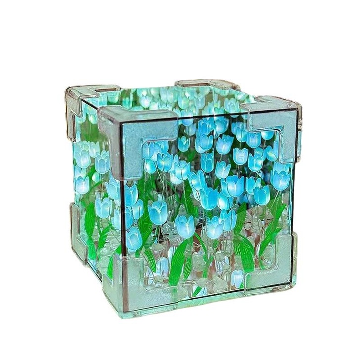 Lampa de veghe 3D, Sea of Flowers, cub cu flori albastre, 22 flori
