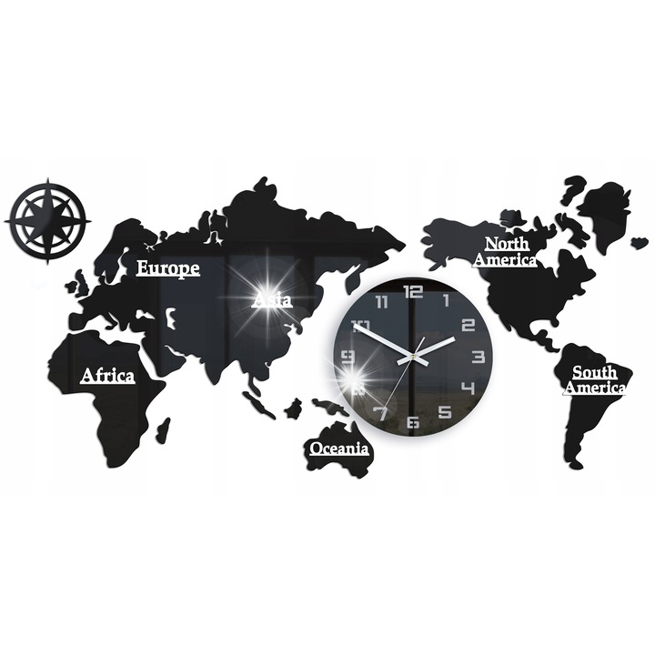 ModernClock dekoratív falióra, világtérkép, 110x50cm, fekete, ultra csendes kvarc szerkezet
