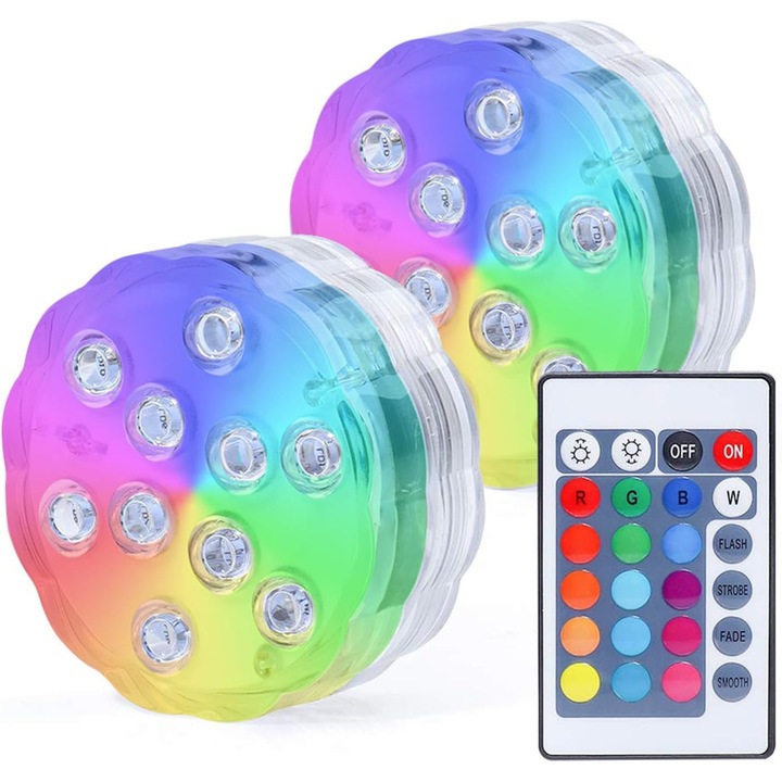 Set 2 Lumini Subacvatice LED Pentru Piscina, cu telecomanda, Rezistenta la apa IP68, 10 becuri LED, 4 moduri iluminare, pentru dus, piscina, iaz, acvariu, baie, petrecere, decorare vaza, 7cm x 3cm, Transparent