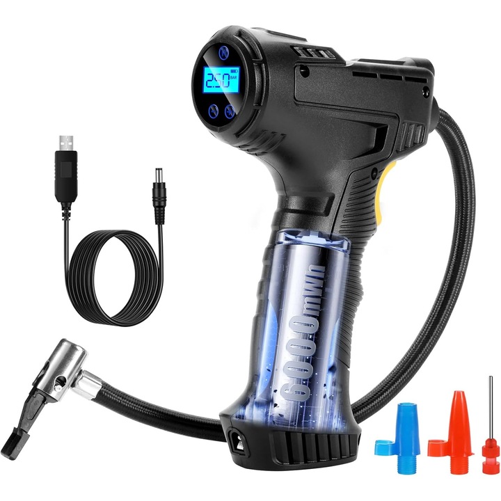 Pompa Aer Auto Electrica, 150 PSI, Afisaj Digital LCD, Incarcare USB, pentru masini, motociclete, biciclete si mingi sportive