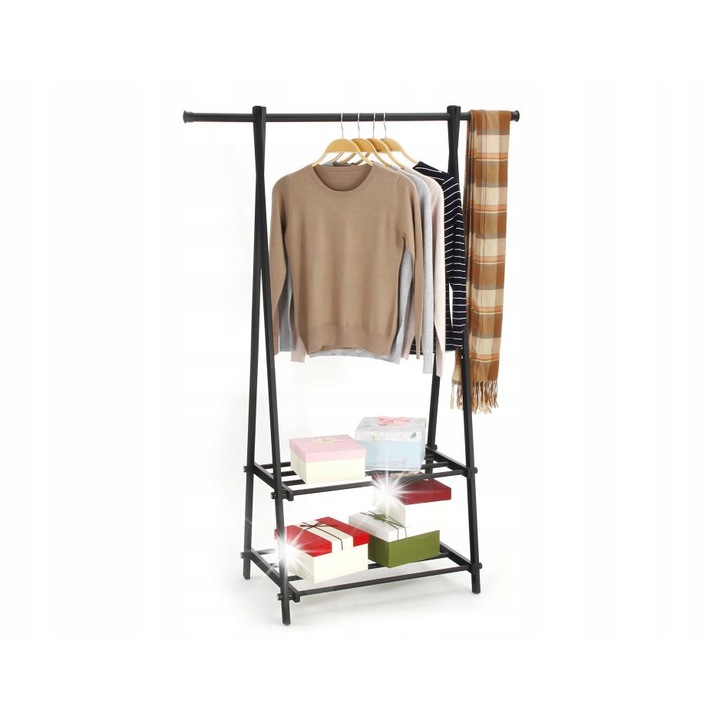 ModernHome ruhatartó állvány, 2 polccal, fém, fekete, 150x107x64,5cm