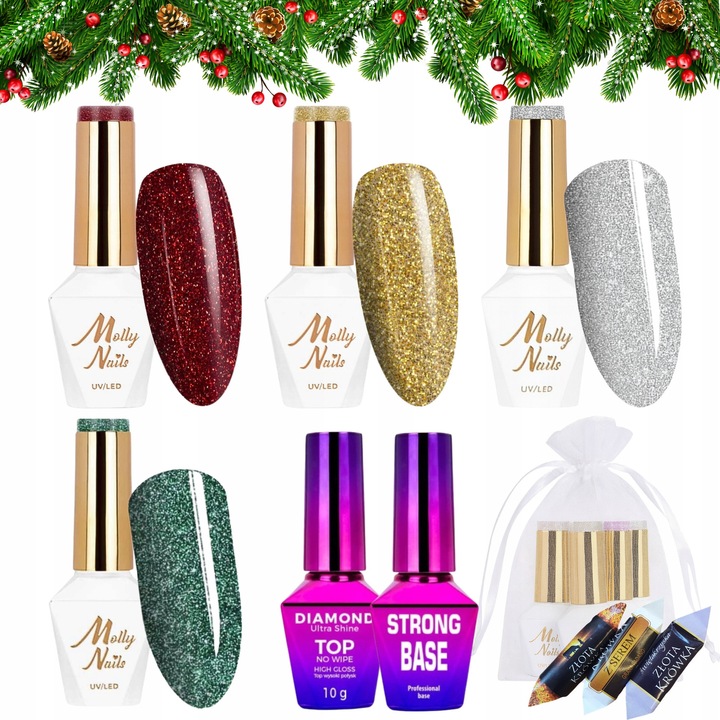 Set Oja MOLLY NAILS 4 lacuri hibride cu baza si top, culori festive, 8g fiecare