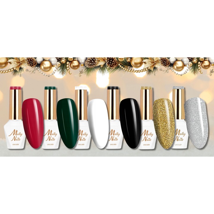 Set Oja MOLLY NAILS 6x lacuri hibride, baza si top, culori festive, 8g fiecare