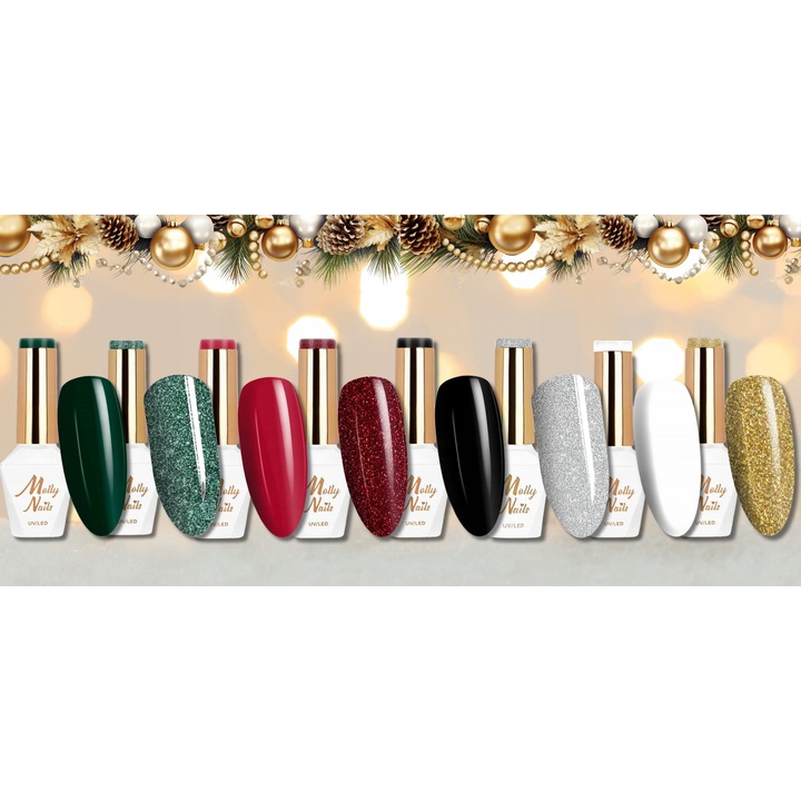 Set Oja MOLLY NAILS 8 lacuri hibride, baza si top, culori festive, 8g fiecare