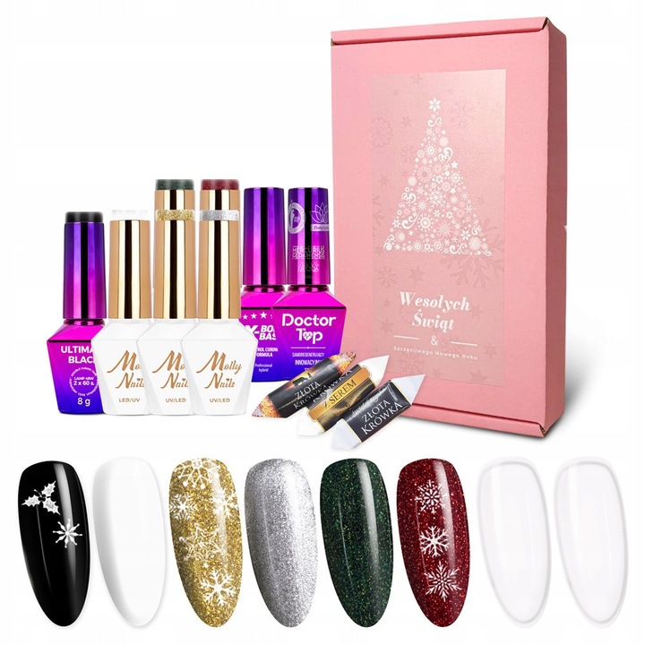 Set de lacuri hibride 8x Molly Nails, baza si top, culori festive, 8g fiecare